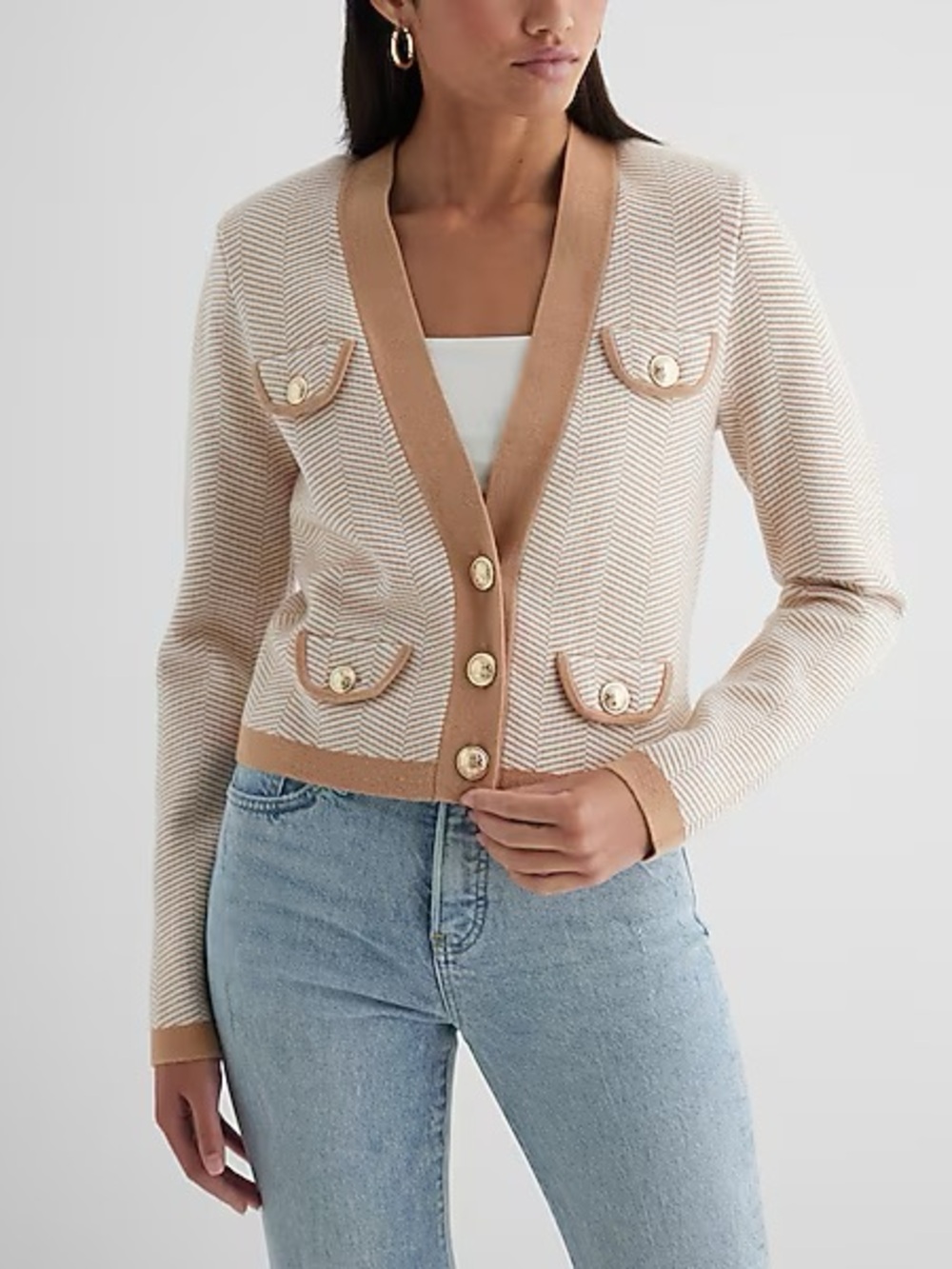 EXPRESS Tipped Striped Novelty Button Sweater Jacket - Pecan